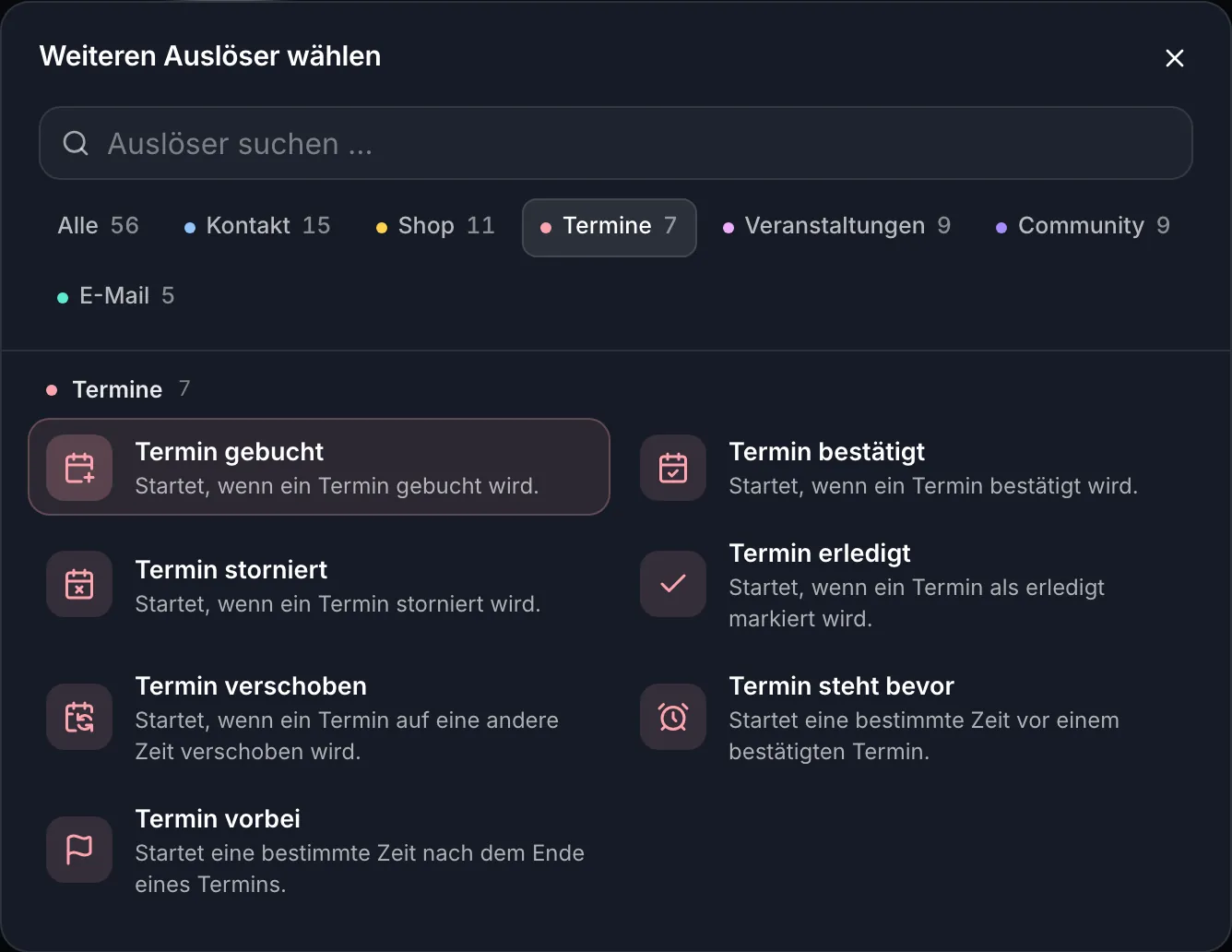 BirdBuild Auslöser-Auswahl, gefiltert auf Termine