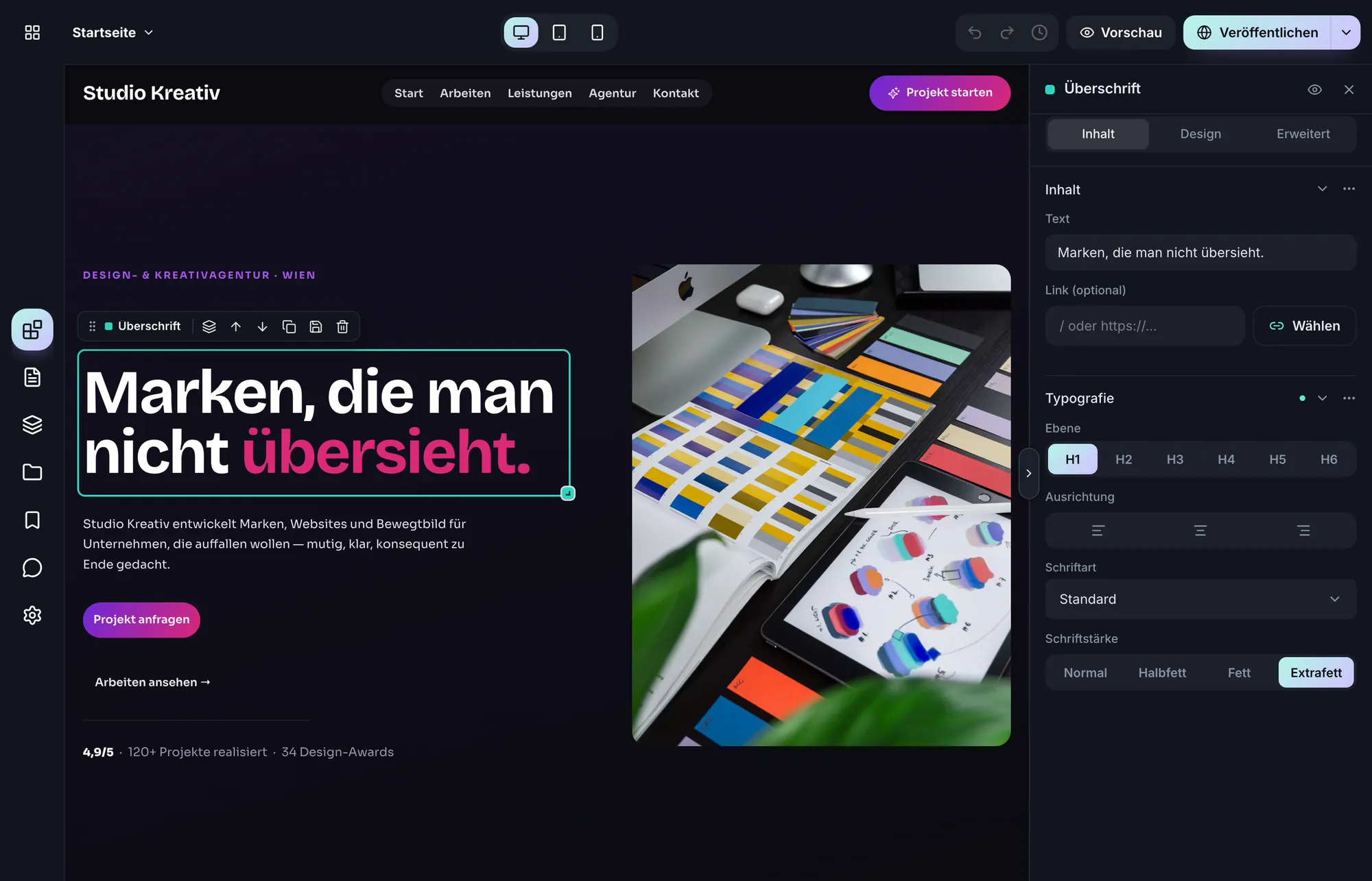 BirdBuild-Baukasten: Website einer Kreativagentur, die Überschrift ist ausgewählt, rechts die Einstellungen für Text und Typografie