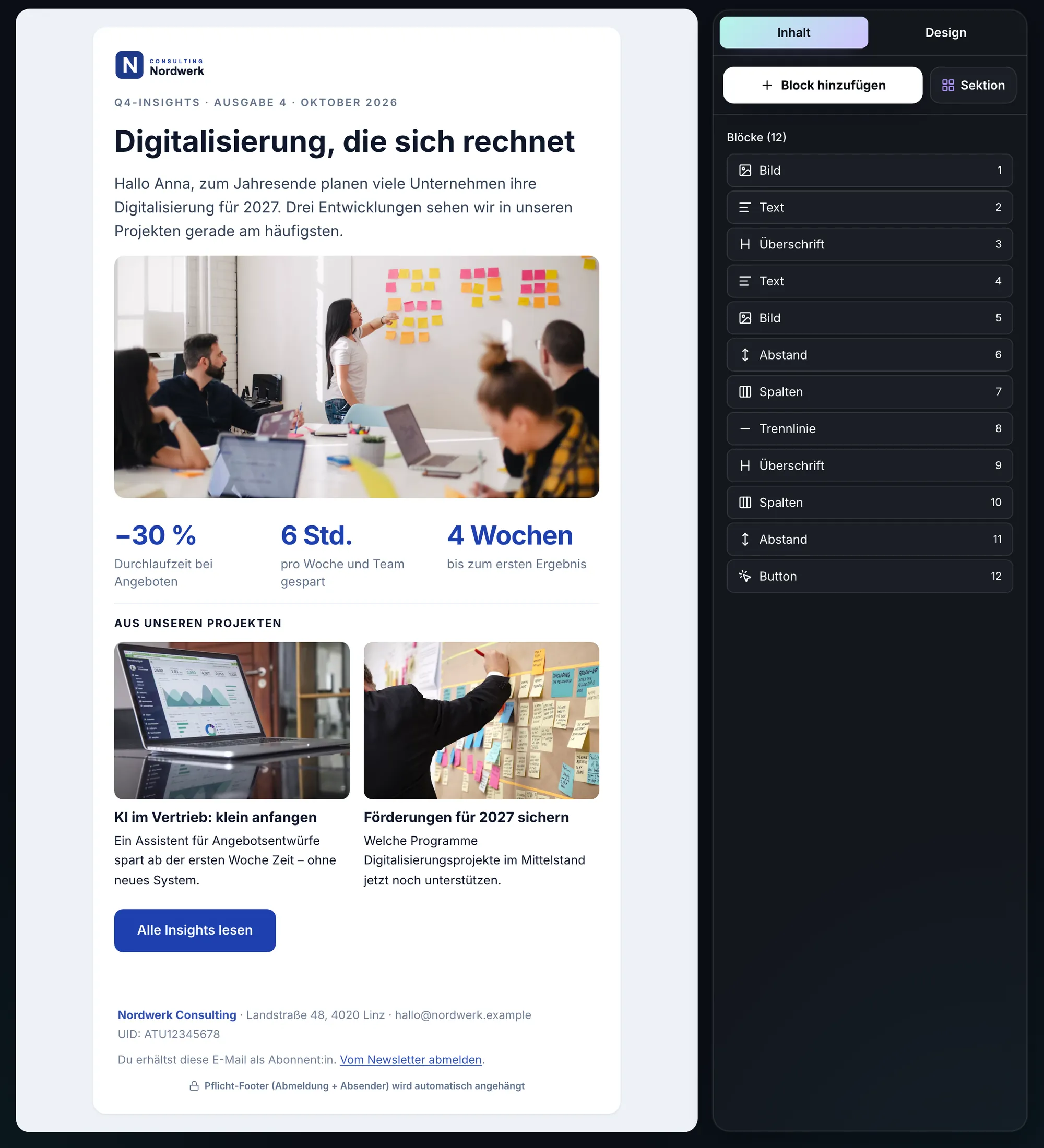 BirdBuild-E-Mail-Editor: Newsletter „Q4-Insights für den Mittelstand“ mit Bild, Text und Button, rechts die Blöcke