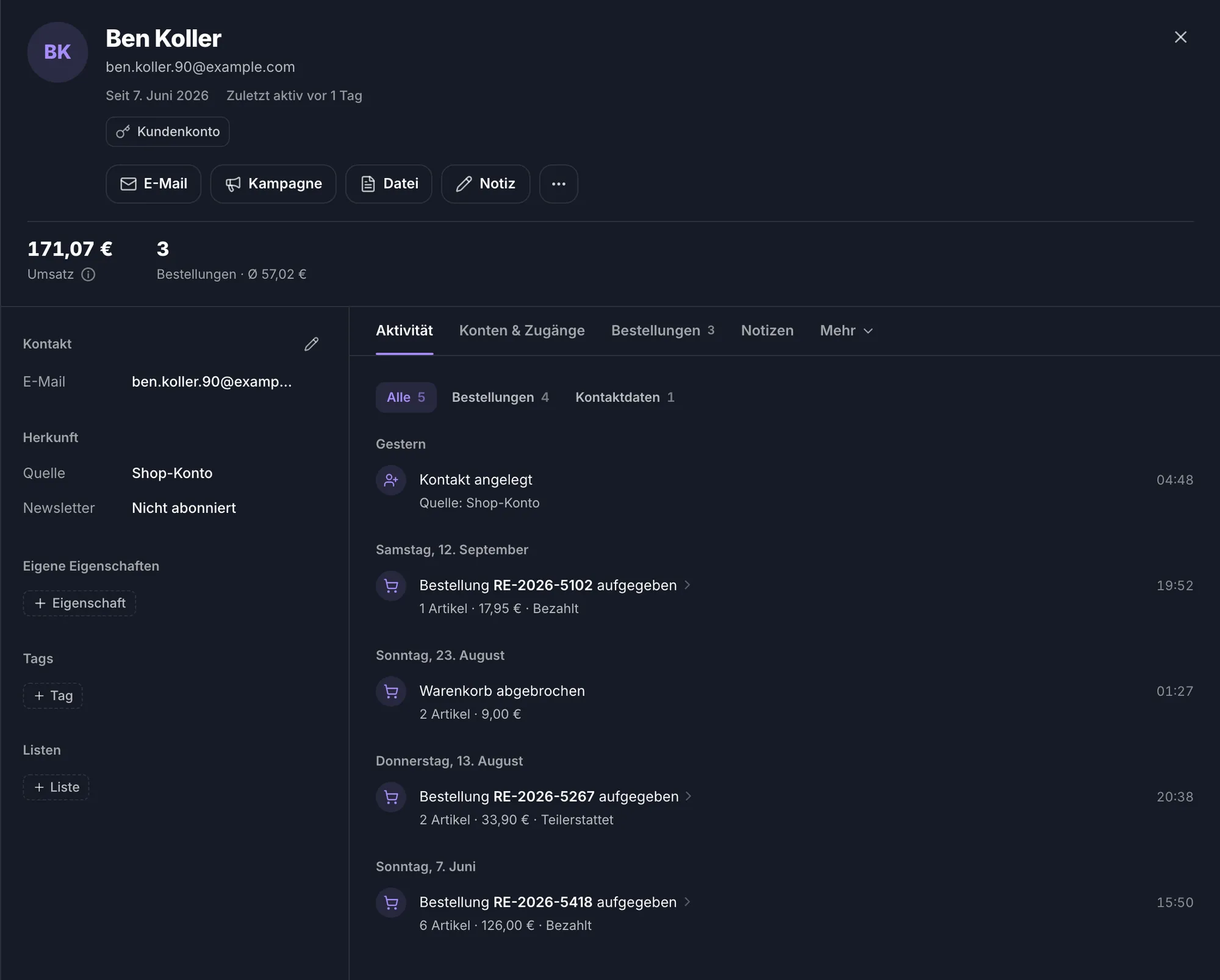 BirdBuild Kontaktprofil mit Bestellungen, Warenkorb und Aktivitätsverlauf