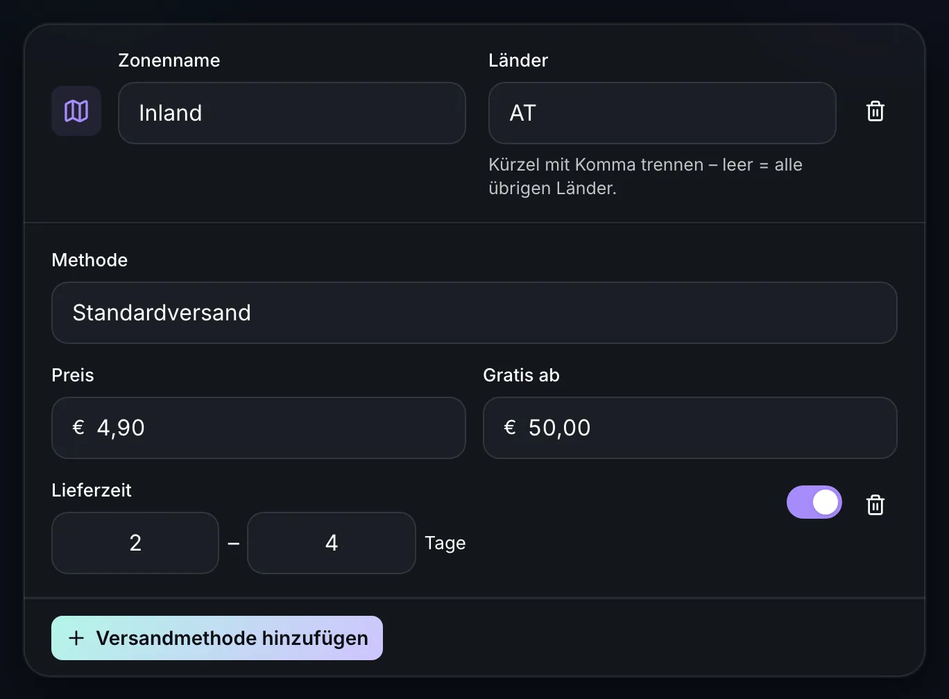 BirdBuild Versandzone mit Versandmethode, Preis, Gratis-Grenze und Lieferzeit