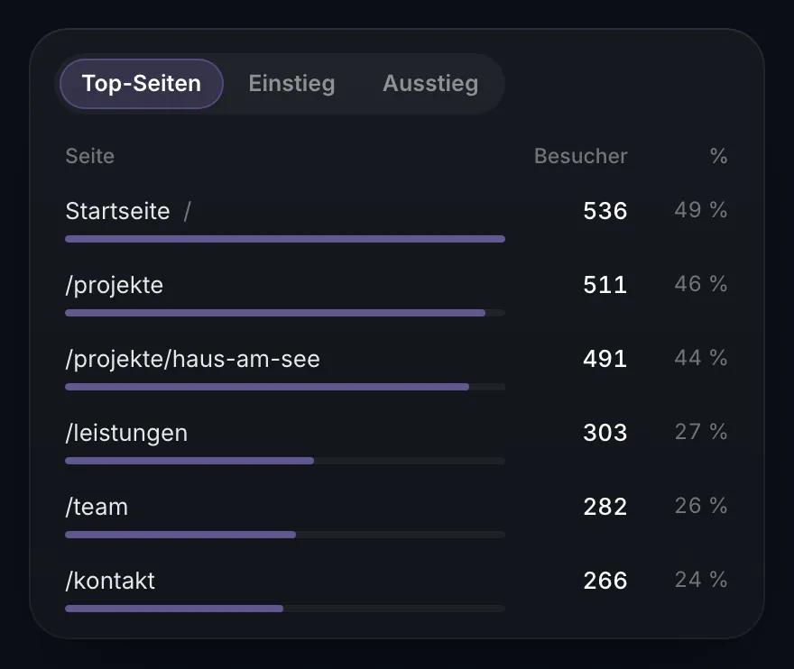 BirdBuild Website-Statistik: Top-Seiten mit Besuchern